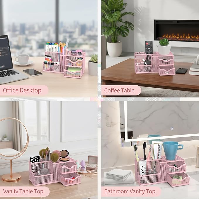 Mesh Desk Organizer, Pen Organizer with 2 Drawers and 5 Compartments, Versatile Pen Holder for Small Space, Desk Organizers and Accessories for School Office Supplies, Pink
