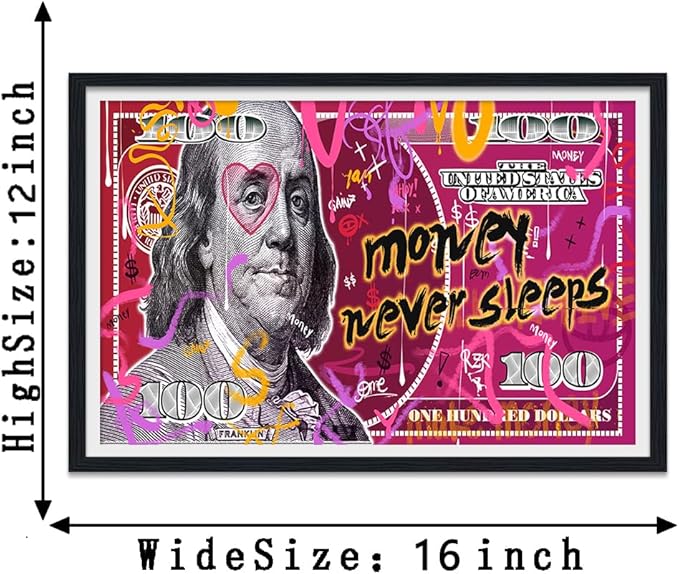 Money Wall Art Pink Dollar Money Never Sleeps Posters Inspirational Canvas Print Artwork Motivational Wall Decor Suitable for Office Living Room Decor Ready to Hang 12X16inch