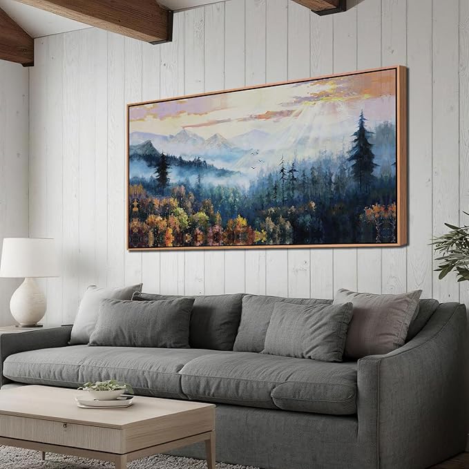 Arjun Forest Landscape Framed Wall Art Canvas, Misty Nature Wall Art for Living Room Painting Tranquil Scenery Tree Picture Artwork for Bedroom Office Home Wall Decor, Large 40"x20"