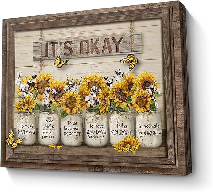 Parylore Sunflower Wall Art Canvas Print Wall Decor It'S Okay Quotes Inspirational Painting Framed Modern Artwork for Living Room Bedroom Bathroom Office Home Decor 16x20 In