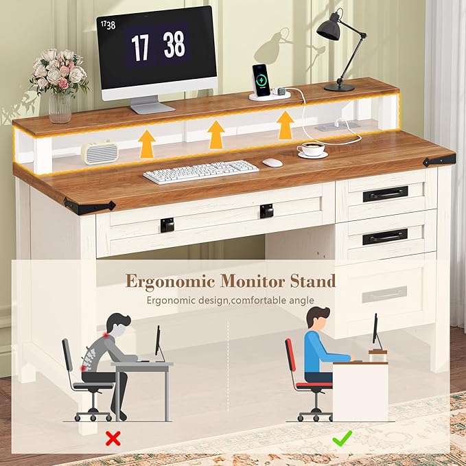 Farmhouse Executive Desk with Drawers, 47" Computer Desk with Power Outlets, Home Office Desk with Monitor Stand & 4 Drawers, Small Desk Writing Study Table, Antique White