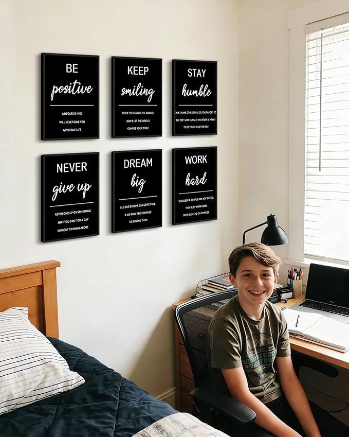 KUVIOKE Inspirational Framed Wall Art Motivational Quotes Wall Decor Encouraging Office Posters Sayings for Classroom Bedroom Living Room Ready to Hang Set of 6, 11x14in (Black Framed)