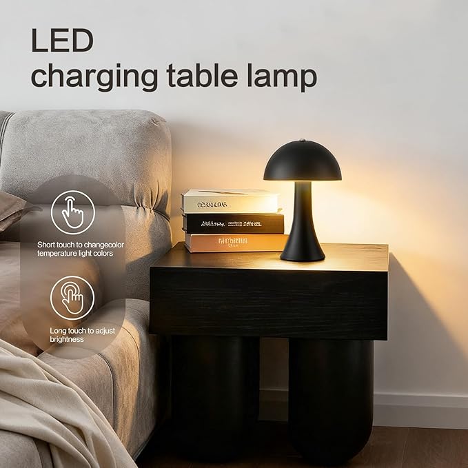 2 Pack Cordless Black Table Lamp, Portable LED Desk Lamps, 1800mAh Battery Operated, 3 Color Stepless Dimming Up, for Restaurant, Bedroom, Outdoor Camping, Coffee Shop, Night Light, Rechargeable