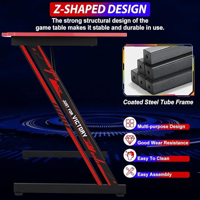 Gaming Desk 47 Inch Z-Shaped Computer Desk Modern Ergonomic PC Computer Table Home Office Desk Racing Style Gaming Workstation with Headphone Hook, Red