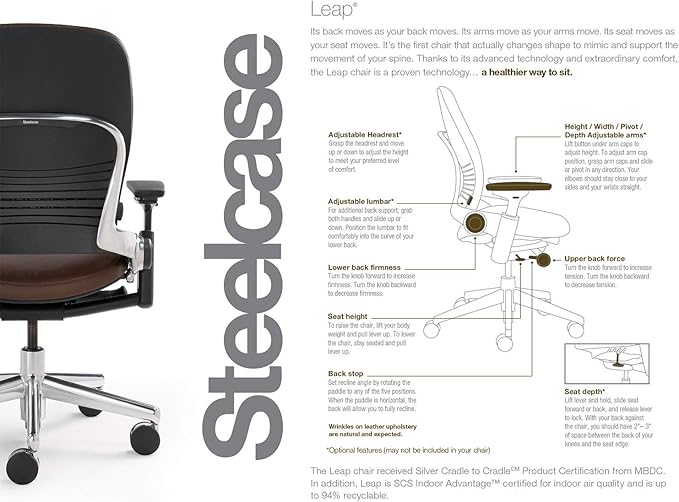 Steelcase Leap Desk Task Chair in Buzz2 5G58 Chocolate Fabric - 4-Way Highly Adjustable Arms - Black Frame and 7" Tall Seat Height Base - Soft Dual Wheel Hard Floor Casters
