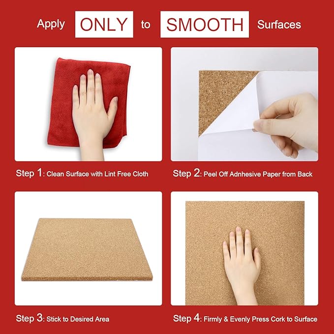 Cork Board Tiles 12”X 12” – 1/2” Thick Cork Board – Bulletin Board – Pin Board Decoration for Pictures,Ultra Strength Adhesive Backing – 6 Pieces Cork Boards for Walls – 1 Box Push Pins