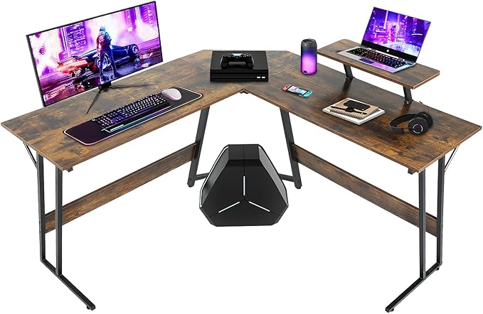 NChanmar L Shaped Gaming Desk with Monitor Riser Stand, Home Office Corner Desk for Studying, Working and Gaming, Large Desktop, Brown