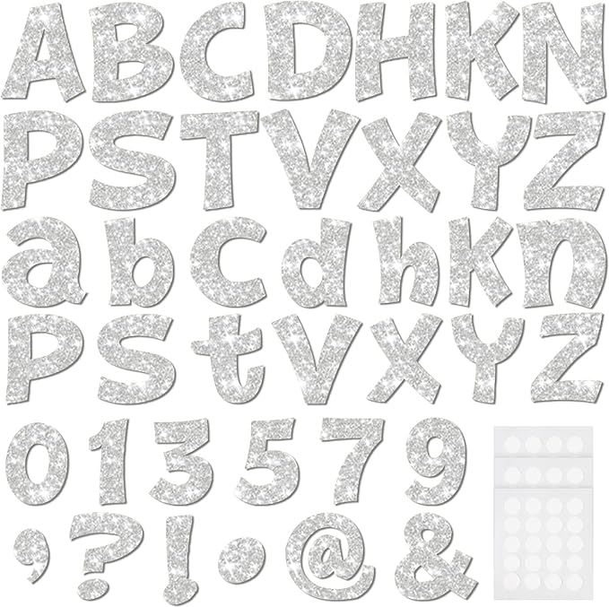 Colarr 216 Pcs Glitter Bulletin Board Letters for Classroom Number Alphabet Punctuation Symbol Cutout 4'' Die-Cut Poster Letter with Adhesive Dot School Party Holiday Decor Display(Silver)