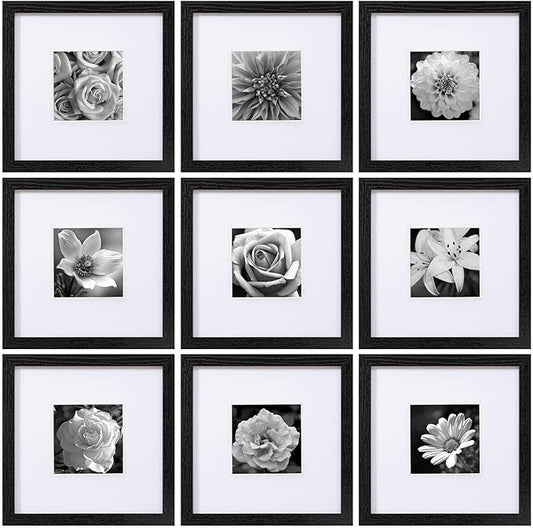 eletecpro 10x10 Picture Frames Set of 9 with Clear Acrylic Cover, Display 5x5 Photos with Mat or 10x10 Without, Classic and Sturdy Square Collage Gallery Wall Decor, Easy Wall Mount, Black