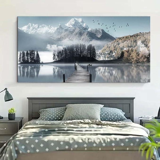 Bamdeya Lake Pictures Mountain Canvas Wall Art for Living room Bedroom Wall Decor Landscape Canvas Picture Natural Scenery Wall Art Prints Tree Painting Framed Artwork for Kitchen Office Home Decoration
