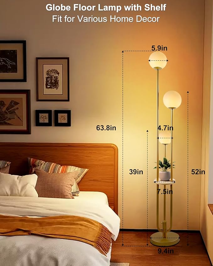 Lightdot 63IN Dimmable Gold Floor Lamp with Shelf Mid Century Standing Lamps with 3000K Bulbs Included with Candle Holder Style Modern Globe Floor Lamp for Living Room/Party/Sofa Beside/Corner Decor
