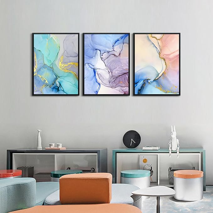 AHUASJART Abstract Wall Art For Living Room Large Wall Decoration For Bedroom Colorful Color Abstract Wall Paintings Office Wall Decor Pictures Modern Home Decor Set of 3 Black Framed Art Prints