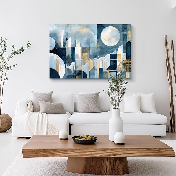 gaosoul Modern Abstract Canvas Wall Art Blue Artistic Cityscape Geometry Paintings Framed Minimalism Stylish Artwork Prints for Living Room Bedroom Office Decor 48x32in