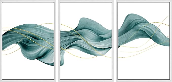 SIGNWIN Framed Canvas Print Wall Art Set Futuristic Teal Geometric Smoke Wave Abstract Shapes Illustrations Modern Art Decorative Nordic Zen Chic for Living Room, Bedroom, Office - 16"x24"x3 White