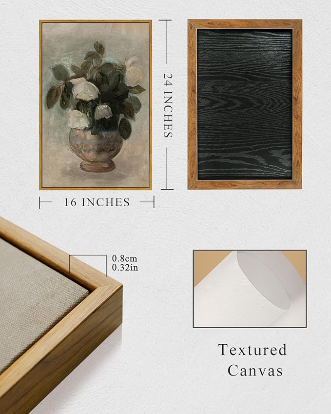 InSimSea Framed Canvas Prints Art Vintage Decor, Large Flowers in Vase Paintings Wall Art, Floral Pictures Home Decor for Bedroom Bathroom, Kitchen Office Living Room Wall Decoration, 16"x24"