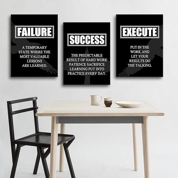 Inspirational Poster Home Wall Decor Motivational Canvas Painting Wall Art Failure Success Execute Noun 3 Pieces Positive Prints Picture Artwork School Office Decor Framed[36" W X 16" H]