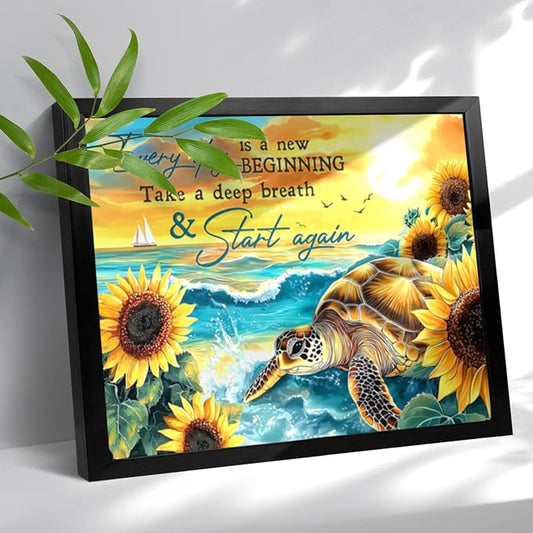 Sea Turtle Bathroom Decor Wall Art Black Framed Beach Blue Ocean Inspirational Quotes Pictures Wall Decor Canvas Painting Prints Artwork Home Decorations for Living Room Office Turtle Gifts 12"x16"