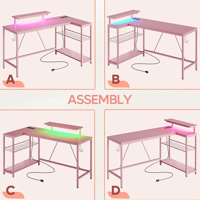 Bestier L Shaped Gaming Desk with Power Outlets,58 LED Small Corner Desk with Reversible Storage Shelves,Pink Computer Desk with Headset Hooks Desk for Living Room and Dormitory