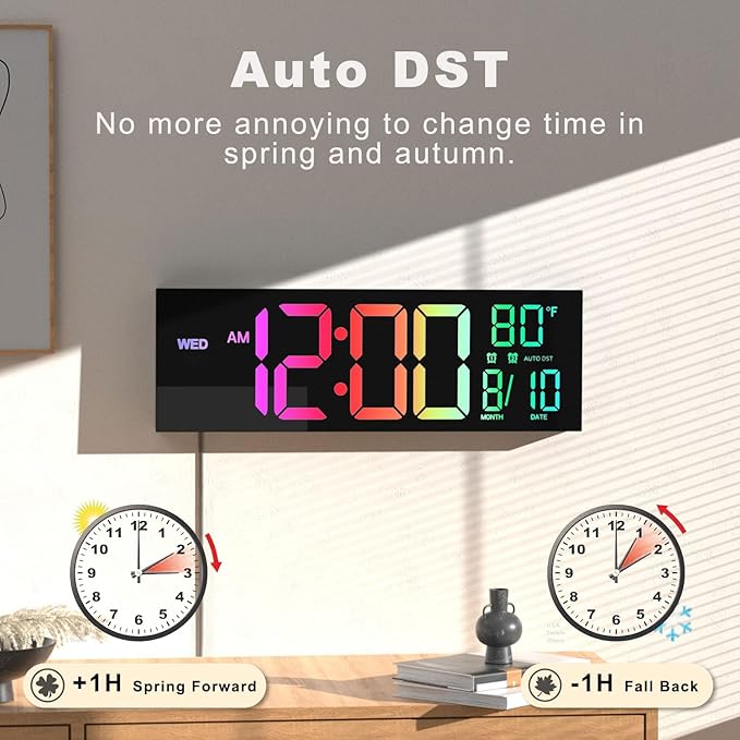 JALL 16.02'' Large Digital Wall Clock, Big LED Number Dispaly, RGB Colors, DST, Night Light for Classroom Living Room Bedroom Mounted Birthday Xmas Gift for Senior, Mem Womem