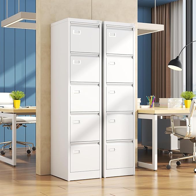 5 Drawer File Cabinet, White Metal Filing Cabinets with Lock Name Card Holder, Metal Vertical Filing Cabinets for Home Office, Steel Storage Cabinet fits Letter/Legal/A4 Size(Assembly Required)