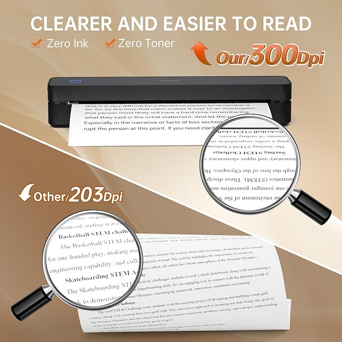 iDPRT MT610 Portable Thermal Printer, 300DPI HD Mobile-Travel-Printers, Inkless-Wireless-Small-Printer for Home Use, Office, Vehicles, Bluetooth Printers Supports 8.5 x 11 US Letter&A4&A5, Deep Black