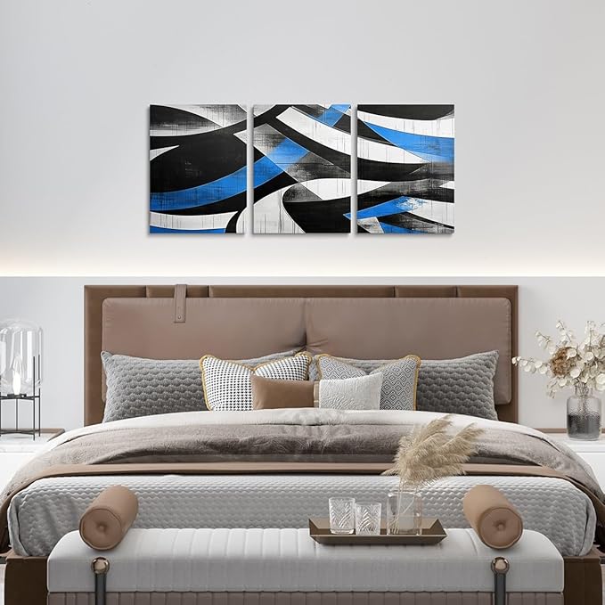 jejeloiu Kids Abstract Art 3 Piece Canvas Wall Art for Living Room Bedroom 12"x16"x3pcs Geometric Office Decorations Artwork Posters Blue Modern Art Picture Wall Decor for Home Decor Bathroom