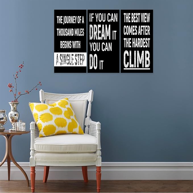 3 Piece Inspirational Wall Art, Black Background Sayings Picture, Quotes Motivational Canvas Prints for Gym Wall Decor, Triptych Entrepreneur Painting Framed Artwork for School Decor (36"Wx18" H)