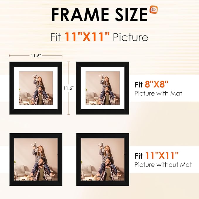 FIXSMITH 11x11 Picture Frame Set of 4, Photo Frame with HD Plexiglass, Display Pictures 8x8 with Mat or 11x11 Without Mat, Black Picture Frames Collage Wall Decor, Gallary Wall Frame