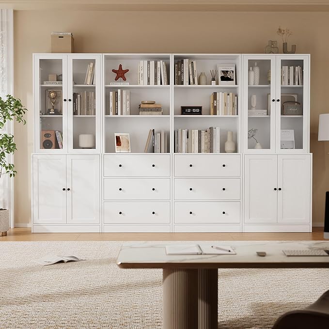 TUSY 71" H Bookshelf with Storage, 6-Tier Modern Bookshelves with 3 Large Drawer, Display Bookcase with Glass Doors, Modern 5-Tier Curio Cabinet for Home Office, Dining Room (White, ABBA)