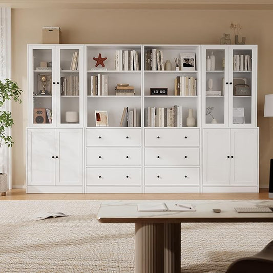TUSY 71" H Bookshelf with Storage, 6-Tier Modern Bookshelves with 3 Large Drawer, Display Bookcase with Glass Doors, Modern 5-Tier Curio Cabinet for Home Office, Dining Room (White, ABBA)