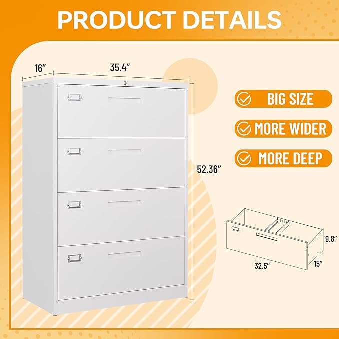 4 Drawer File Cabinet with Lock, 4 Drawer Steel Wide Filing Organization Storage Cabinets, Steel Lateral File Cabinet for Hanging Files Letter/Legal/F4/A4 Size,Assembly Required