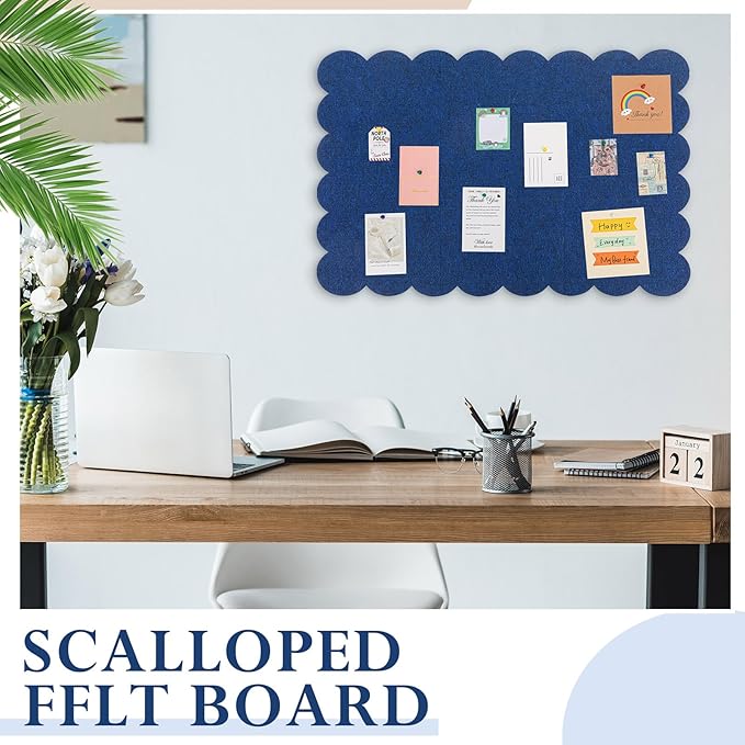 Scalloped Felt Bulletin Board 36 x 24 Inches Foldable Dark Blue Pin Cork Board Alternative for Wall, 3' x 2' Trifold Picture Vision Self Adhesive Bulletin Decorative