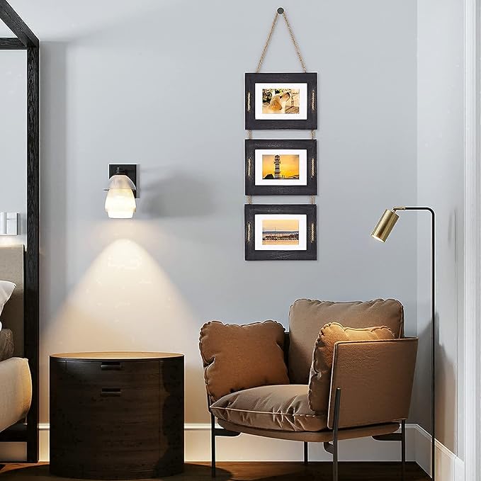DLQuarts 5x7 Hanging Picture Frames Collage Wall Decor, 3-Opening Photo Frames 5x7 Without Mat & 3.5x5 with Mat, Rustic Wood 3-Frame, Weathered Black