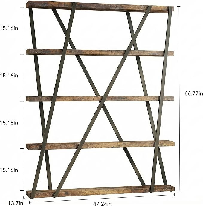 FUSUNBAO Unique 5-Tier Wooden and Metal Frame Bookshelf,Vintage Industrial Modern Style Tall Bookcase,67 "H x 12 "W x 47" L,Rustic Large Wooden Shelf,Display Shelf for Home Office,Retro Brown