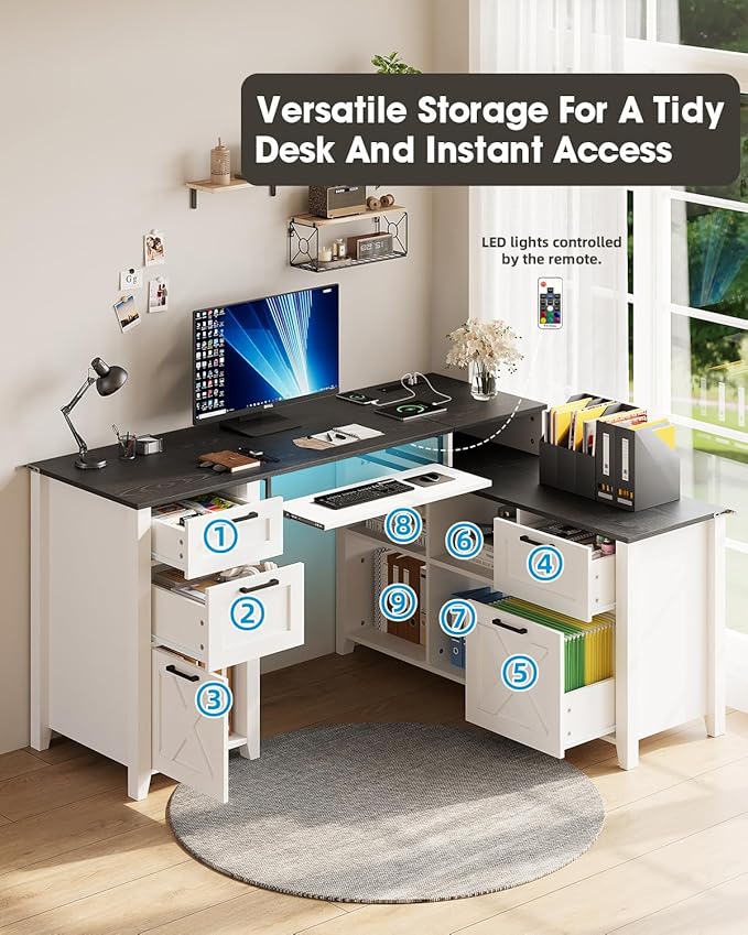 HOPUBUY Farmhouse L Shaped Executive Desk with Drawers, 59''Home Office Corner Desks with Charging Station,File Cabinets,Storage Compartments Wood Computer Desk Writing Table w/Keyboard Tray,White