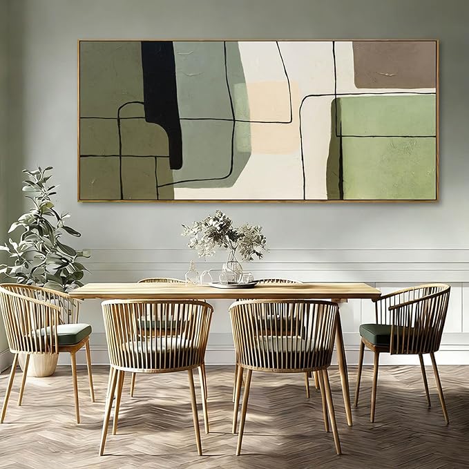 Large Abstract Canvas Wall Art 32x70 Inch, Green Beige Neutral Framed Wall Art, Modern Horizontal Canvas Wall Art with Wooden Frame for Living Room Home Decor