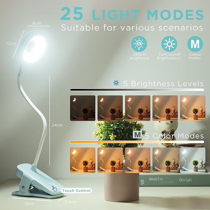 Desk Lamp LED Clip on Light, 5 Modes 5 Brightness Dimmable Clamp Light, Rechargeable Battery Flexible Clip on Reading Lamp for Bed Headboard Bunk Bed at Night for Kids (Blue)