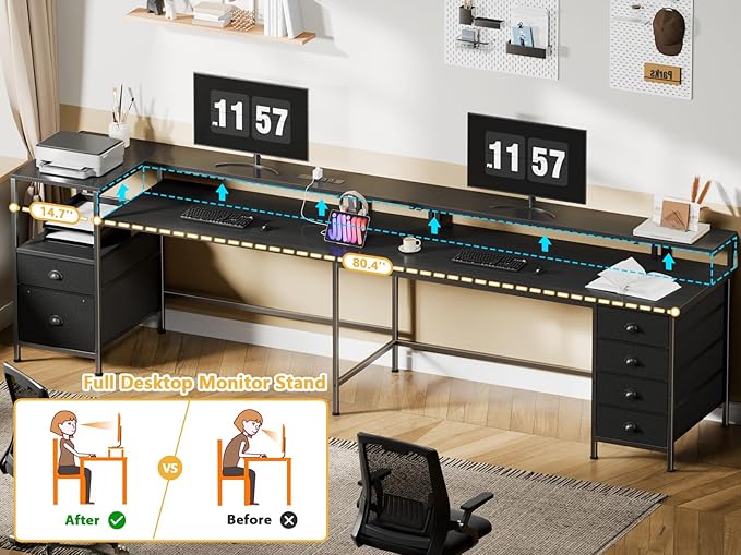 Furologee 95" Two Person Computer Gaming Desk, Long 2 Person Home Office Desk with 6 Drawers & Storage Shelves, Double Table with Power Outlets, LED Lights and Full Monitor Shelf, Black