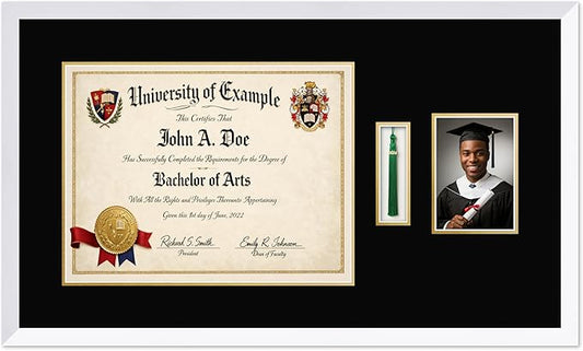 CountryArtHouse Diploma Tassel and Photo Shadowbox Fits 17 x 13 International Diploma with Tassel Hook and Bright White Genuine Hardwood with Black Over Metallic Gold Double mat
