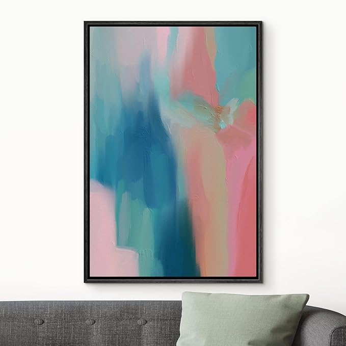 MUDECOR Framed Canvas Print Wall Art Vibrant Blue Pink Pastel Watercolors Abstract Shape Illustrations Modern Art Decorative Bohemian Colorful Chic for Living Room, Bedroom, Office - 16"x24" Black