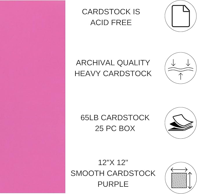 PA Paper Accents Smooth Cardstock 12" x 12" Purple, 65lb colored cardstock paper for card making, scrapbooking, printing, quilling and crafts, 25 piece pack