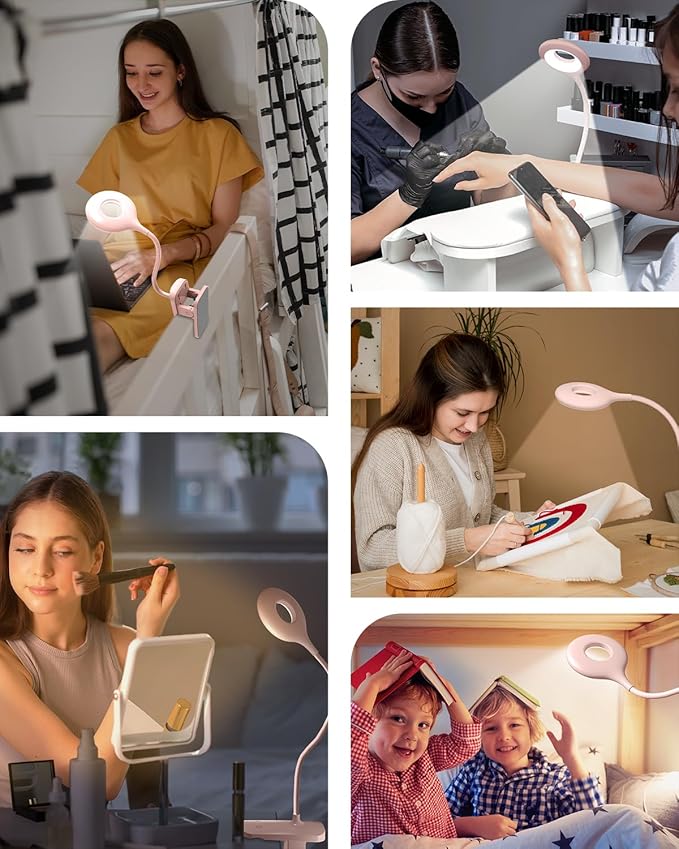 CUHIOY Clip on Reading Light for Bed, Rechargeable Battery Desk Lights, 5 Colour 5 Brightness & Touch Control Headboard Lamp, Large Clamp Lamp with Flexible Neck, Eye Protect LED Bedside Light, Pink