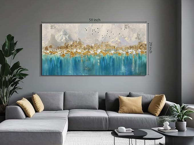 Arjun Abstract Canvas Wall Art for Mens Room, Gold Mountain Hand Painted Textured Living Room Wall Decor Picture, Extra Large Bedroom Painting Artwork Framed Home Office Wall Decor 58"x29"