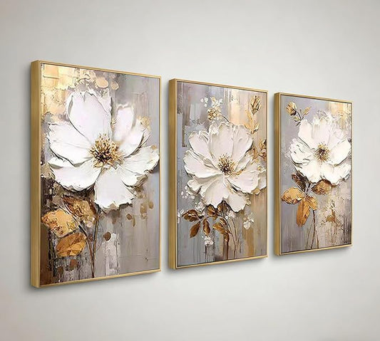 3 Piece Framed Canvas Wall Art for Living Room, Textured White Floral Abstract Oil Painting with Gold Frame, Modern Luxury Flower Wall Decor with Gold Gray Background for Bedroom Office 28x60 inches