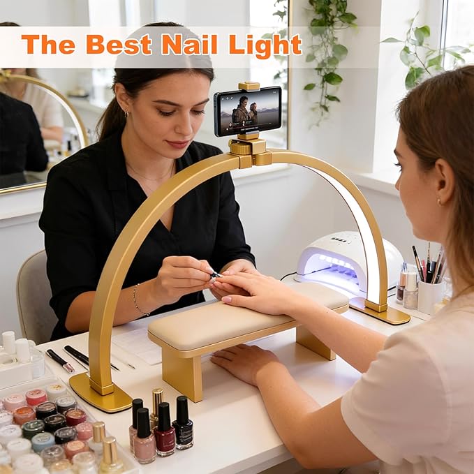 FAHKNS Half Moon Light for Nail Desk with Phone Holder, 29IN Folding Half-Moon Light, LED Lamp for Nail Art, Eyelash Extension, Tattooing, 3 Color Temperature, Golden