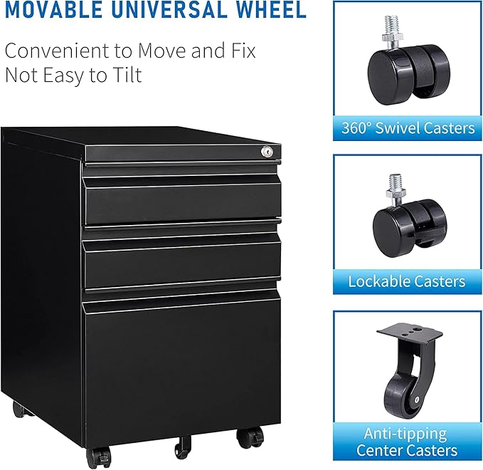 Mobile Filing Cabinet,3 Drawer Mobile File Cabinet with Lock,for Legal/Letter/A4 Documents,Home Office Storage Dresser Cabinet (Black)