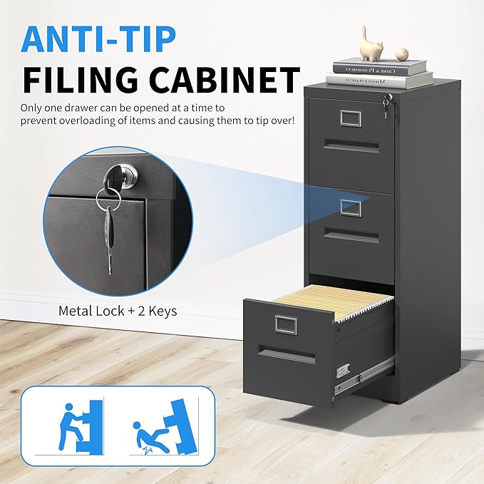 3 Drawer File Cabinet with Lock, Metal Vertical Filing Cabinet for Home Office, Office Furniture for Organization Hanging Files for A4/ Legal/Letter, Heavy Duty Storage Cabinet,Require Assembly-Black