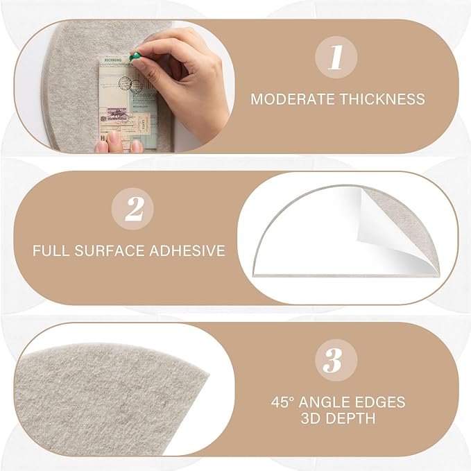 24 Pack Decorative Bulletin Board Felt Wall Tiles Bulk 11.8"x5.9" Semi-Circle Large Wall Art with Removable Adhesive Tabs for Customizable DIY Home Office Decoration Gift (White)