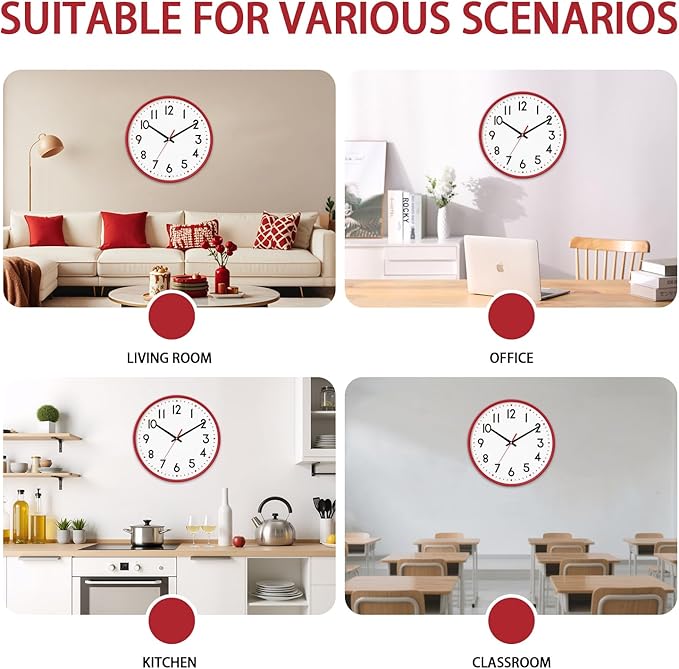 HZDHCLH Wall Clock Red,Silent Wall Clocks Battery Operated 8 Inch Modern Non Ticking Analog Clock Decorative for Kitchen Bedroom Living Room Office Classroom