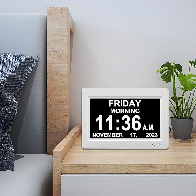 SSYA Digital Calendar Alarm Clock - Dementia Clocks for Seniors, Non-Abbreviated Memory Loss Clock with Date and Time for Elderly (White)